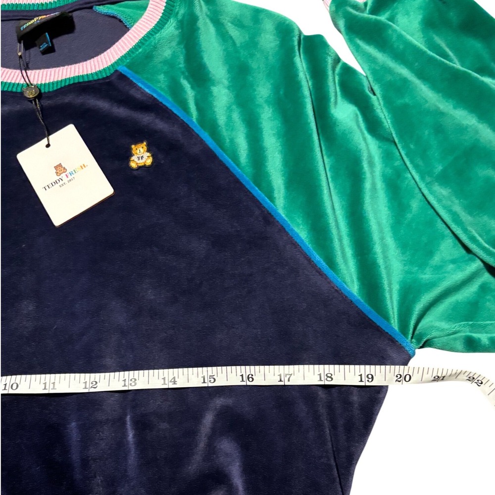NWT Teddy Fresh Womens Velour Cropped Sweatshirt Navy Green Pink Bear Logo XS - Picture 5 of 7